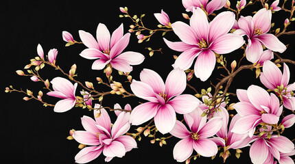 Magnolia wallpaper with blooming pink flowers on dark background. Elegant mural with branches and buds. Abstract botanical illustration for art prints.