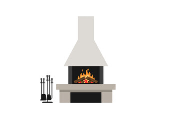Modern Stone Fireplace with Fireplace Tools.