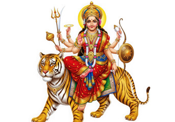 Divine goddess durga riding a majestic tiger fiercely protecting dharma and destroying evil isolated on transparent background