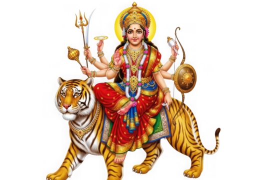 Divine goddess durga riding a majestic tiger fiercely protecting dharma and destroying evil isolated on transparent background