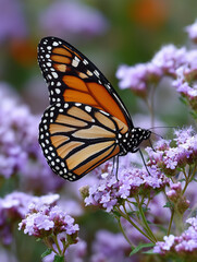 Fototapeta premium Monarch Butterfly on Lavender Verbena: Close-up, Detailed, Serene Nature Photography.