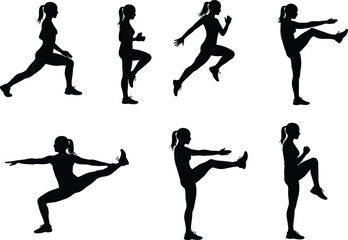 Silhouette athlete performing fitness exercises, stretching poses, warm up routine, dynamic body movement, flexibility training, workout illustration, balance strength motion design