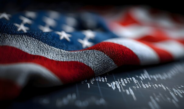 American flag and stock market data analysis for financial investment and trading strategy news