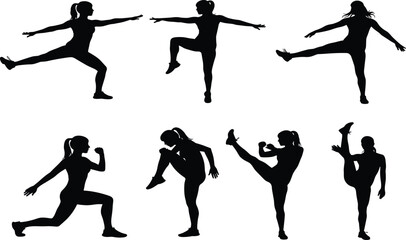 Silhouette athlete performing martial arts, fitness training, kickboxing workout, dynamic exercise poses, strength movement, flexibility action, aerobic routine, human body illustration