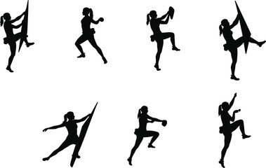 Silhouette climber performing rock climbing poses, extreme sport action, mountain adventure, fitness strength training, outdoor challenge, human body motion illustration