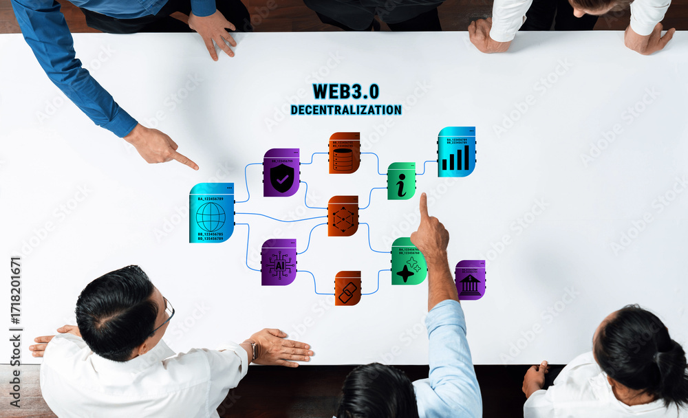 Poster group of business professionals engaged in a discussion about web3.0 technology, featuring graphical