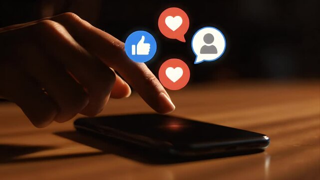Hand Tapping Smartphone Screen with Social Media Icons - Likes Comments and Follower Engagement