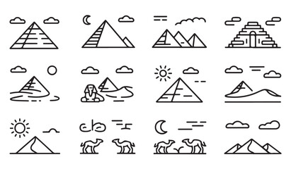 Ancient Egyptian pyramids and desert outline icons set with sphinx and camels