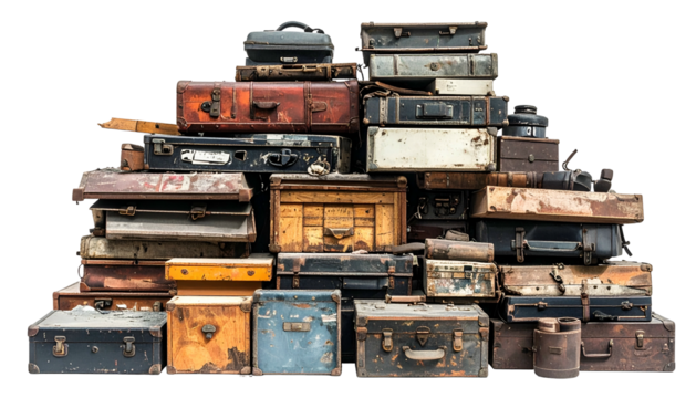 A large pile of vintage suitcases of various colors and styles