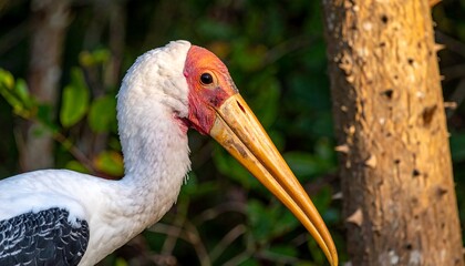 Obraz premium Close-up of a large bird, white plumage, long yellow beak, red face