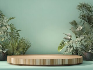 Circular wooden display podium surrounded by lush green tropical plants