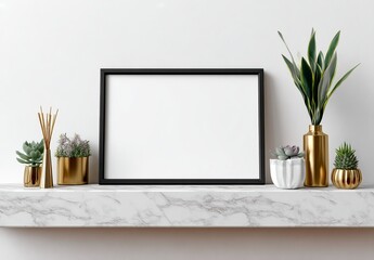 Horizontal black frame with blank white space on marble shelf with plants