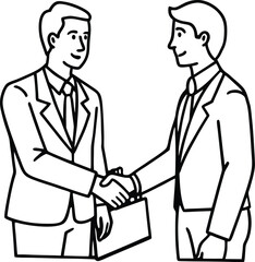An illustrated vector drawing shows two businessmen in suits and ties, a man and a woman, shaking hands in a successful teamwork moment