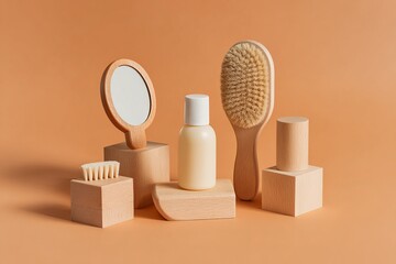 Minimalist arrangement of natural wood bathroom accessories on blocks