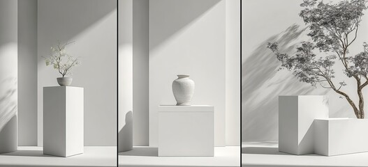 Minimalist White Pedestals with Decorative Elements and Shadows