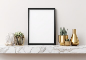 Mockup Frame with Succulents on Marble Shelf empty