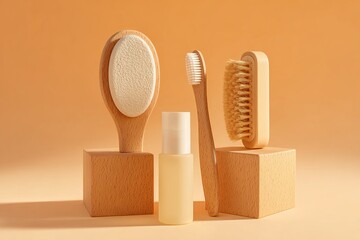 Natural wood and cream bathroom items on wooden cubes