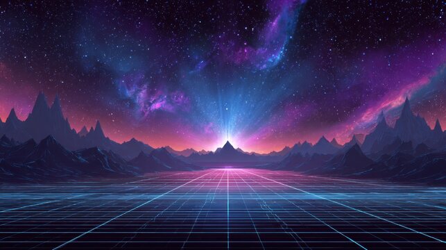 Retro futuristic landscape with neon grid and cosmic nebula under a starry sky