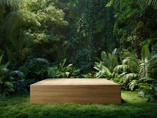 Square wooden platform in a dense jungle setting display