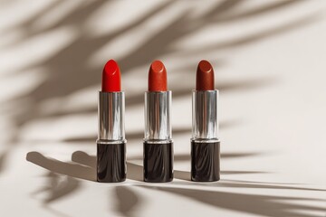 Three Lipsticks in Red Orange and Brown Shades with Leaf Shadows