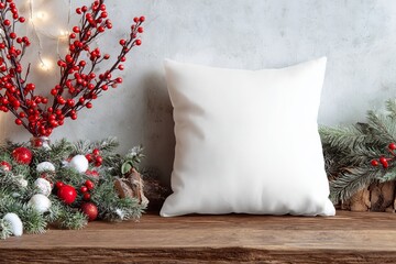 White Christmas Pillow Mockup with Festive Decorations