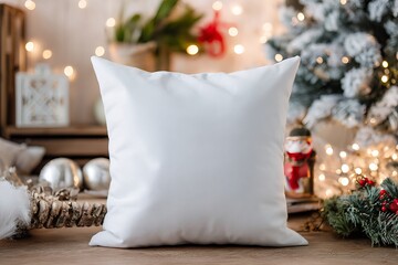 White Pillow Mockup with Christmas Decorations image