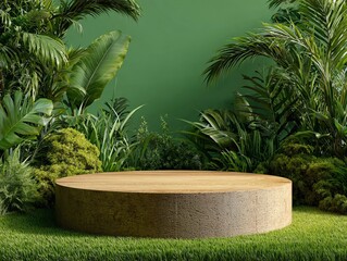 Wooden podium surrounded by lush green tropical foliage Keywords: podium, display, platform