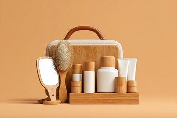Wooden vanity case with assorted natural skincare products and accessories