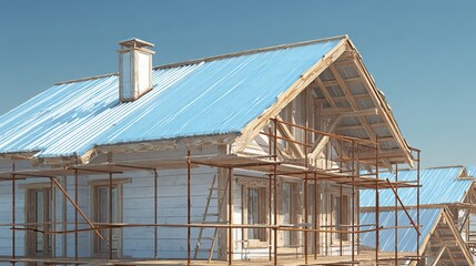 3D illustration of roof exterior insulation and painting works Protective layer adds strength to construction