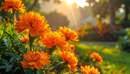 Bright orange flowers in a garden at sunrise