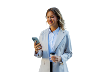 Professional woman smiling, using smartphone and earbud, holding coffee, transparent background