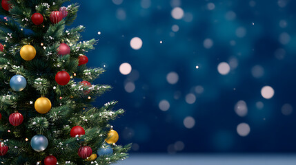 Christmas tree with colorful baubles on blue bokeh background. Festive holiday decoration with space for text.
