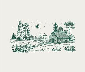 Starry sky with solar eclipse in the forest. Wooden house between the fir trees. Vector line illustration of forest cottage, trees and starry sky with sun