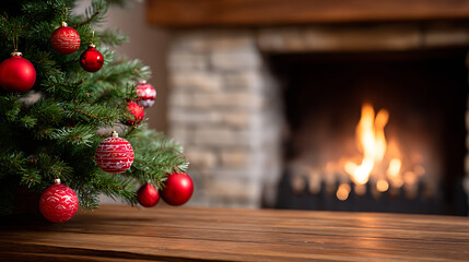 Christmas tree with red baubles on wooden table over fireplace. Cozy festive interior and holiday decoration.