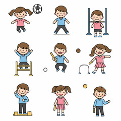 Simple Handdrawn Children Playing Various Games Sports and Activities Illustration