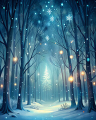 Winter forest with glowing lights, snowflakes falling, magical greeting card background