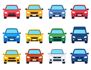 Front view illustrations of various colored cars