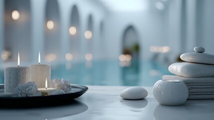 White ceramic table in peaceful spa interior. Blurred background