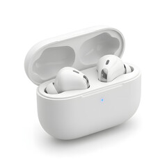 White wireless earbuds in open charging case