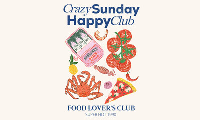 Food club artwork for t shirt print, poster, sticker and other uses. Shrimp, red king crab, squid, chili, spicy, tomato, onion, pizza vector artwork.