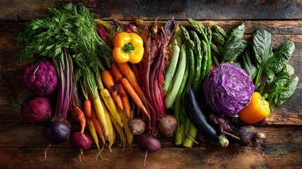 Vibrant Assortment of Fresh, Colorful Vegetables Arranged on Rustic Wooden Surface.