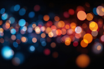 Fototapeta premium Colorful defocused bokeh lights glowing in abstract circular shapes with warm and cool tones on a dark background, festive celebration concept design. Ai generative