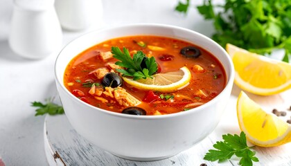 Hearty, vibrant soup in a white bowl