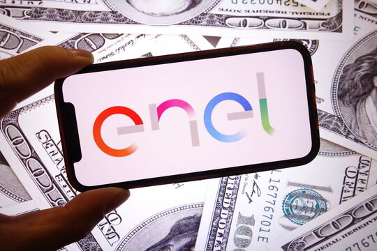 Konskie, Poland - September 21, 2025: Enel company logo displayed on mobile phone