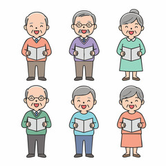 Cartoon Style Cheerful Elderly People Reading Book Character Illustration