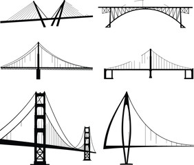 Bridge silhouette vector set, suspension, cable-stayed, cantilever, modern bridge icons, engineering structures, editable outline design, architectural elements, black style