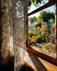 Soft Morning Light on Intricate Lace Curtain and Rustic Window Frame with Blurred Garden View.
