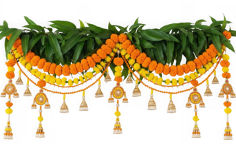 Vibrant orange and yellow flower garland with bell embellishments for festive decor isolated on transparent background