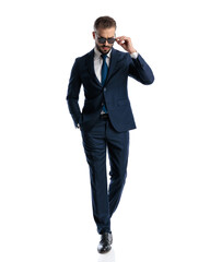 Fototapeta premium sexy mature businessman in navy blue suit fixing sunglasses and walking