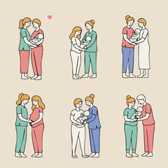 Minimalist Line Art Lesbian Couple Expecting and Holding Newborn Illustration